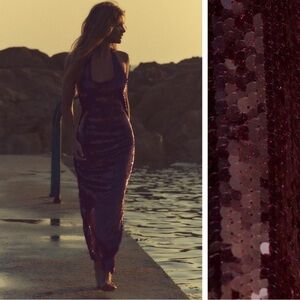 Zara Backless Sequin Maxi Dress in Deep Burgundy